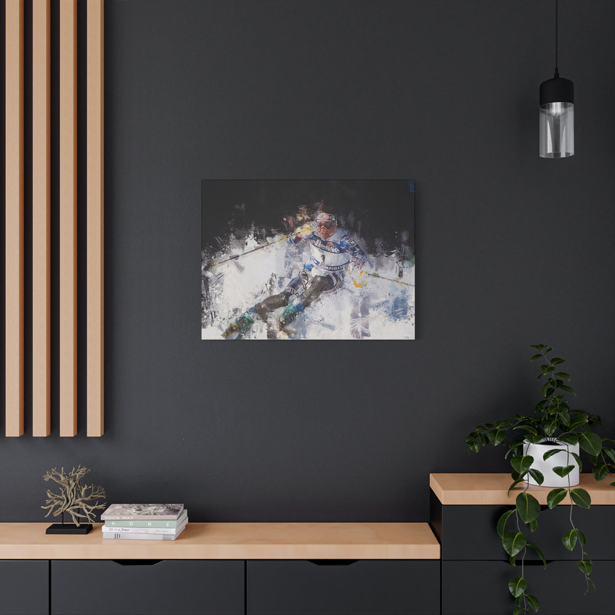 Alberto Tomba's Mastery Unleashed Skiing Painting Print on Stretched Canvas Skiing Fine Art Print Poster, Ready to Hang Wall Art, Skier Gift