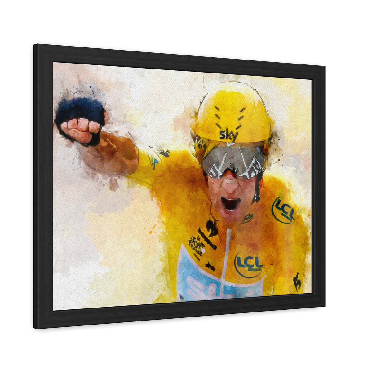 Bradley Wiggins Tour de France Glory: Yellow Jersey Triumph in Framed Watercolour Art Print