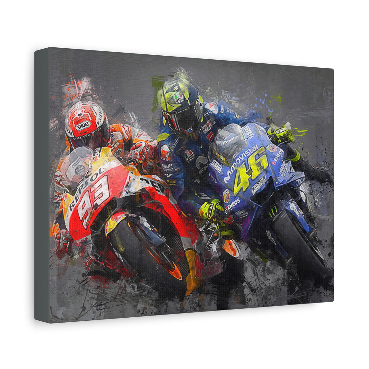 Dynamic Duel: Stretched Canvas Fine Art MotoGP Print Poster - Ready to Hang, Wall Art MotoGP Gift