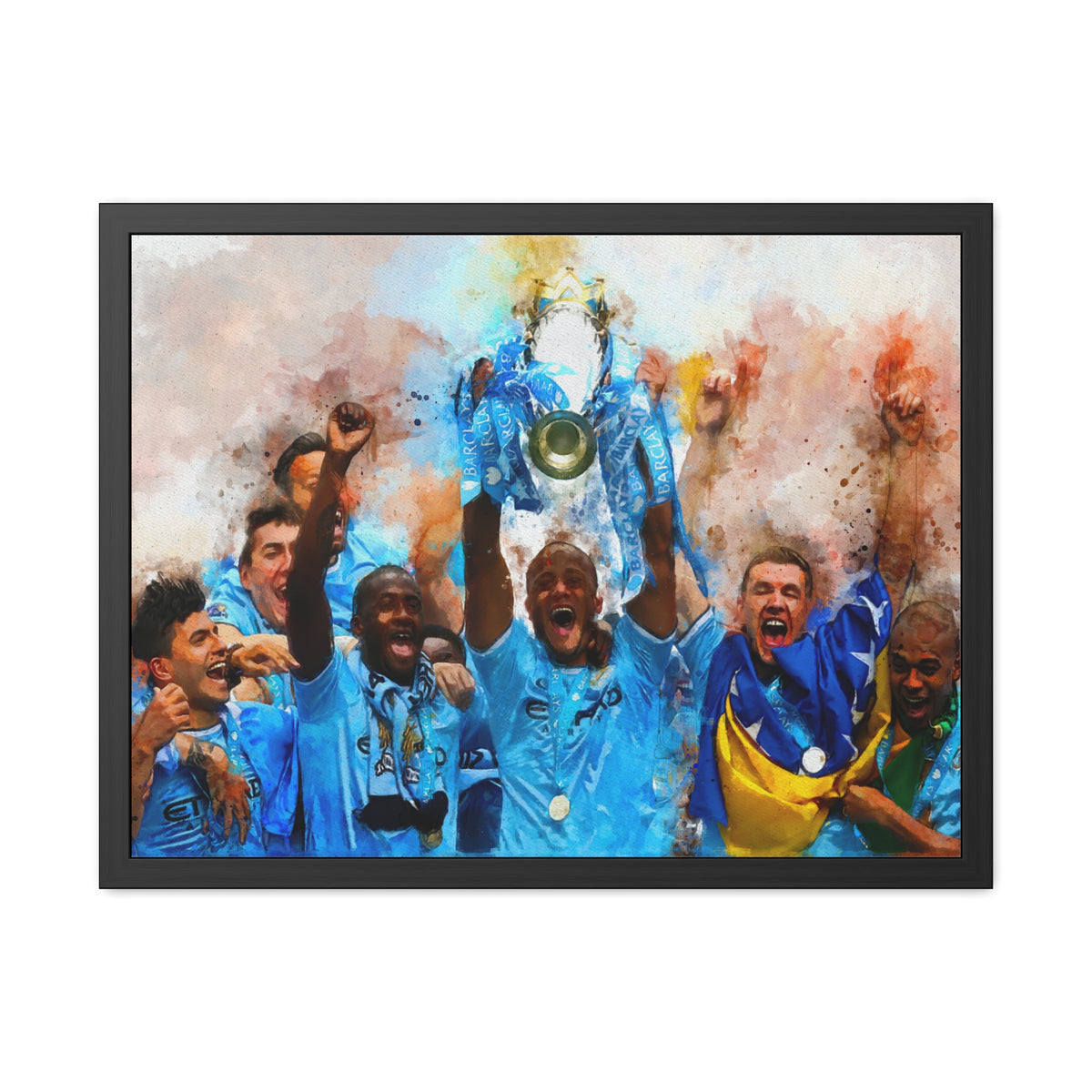 Premier League Winners 2014 Manchester City Watercolour Painting, Ready to Hang Framed Art Print Poster, Man City Fan Gift