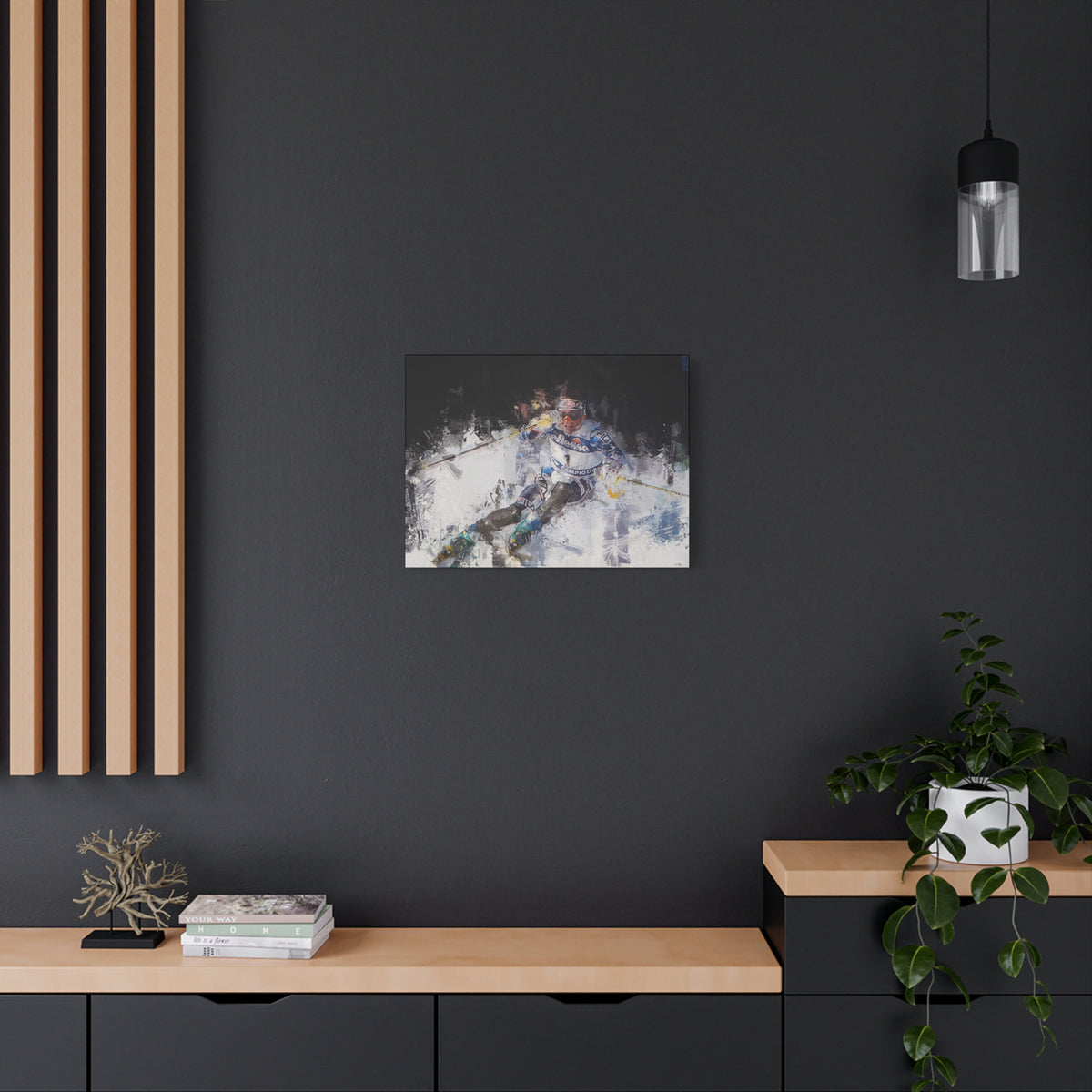 Alberto Tomba's Mastery Unleashed Skiing Painting Print on Stretched Canvas Skiing Fine Art Print Poster, Ready to Hang Wall Art, Skier Gift