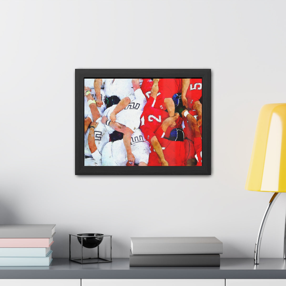 Dynamic Rugby Scrum, Ready to Hang Framed Watercolour Fine Art Print Poster, Elevate Your Space with Rugger Wall Art, Perfect Rugby Fan Gift