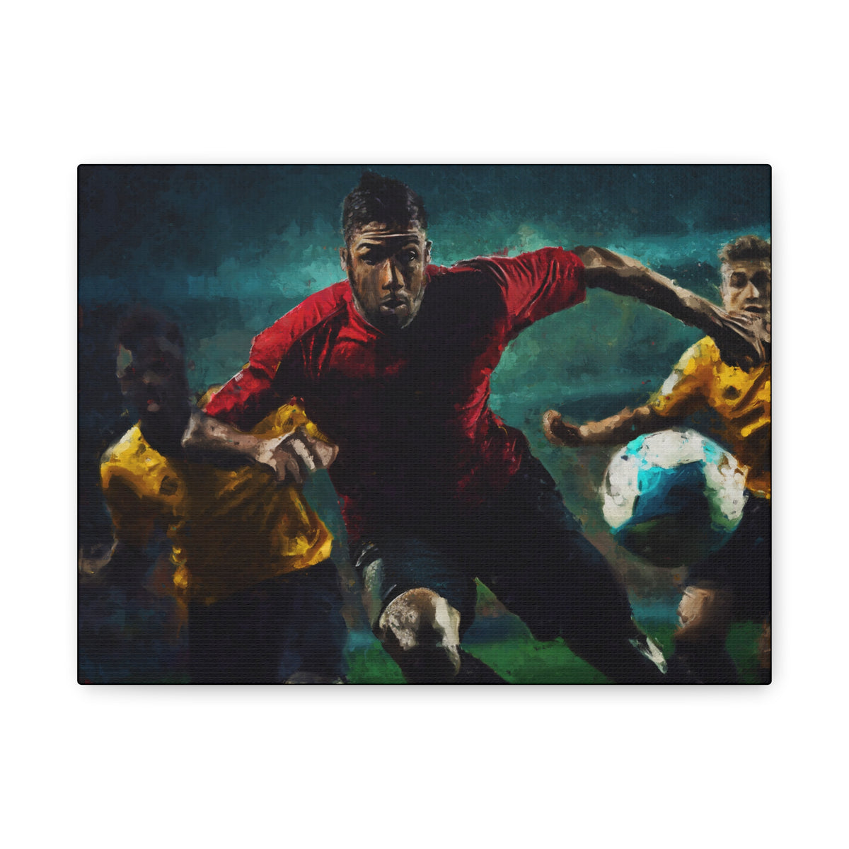Dynamic Football Clash: Impressionist Soccer Art Painting Print - Stretched Canvas Fine Art Poster, Ready to Hang - Perfect Soccer Fan Gift