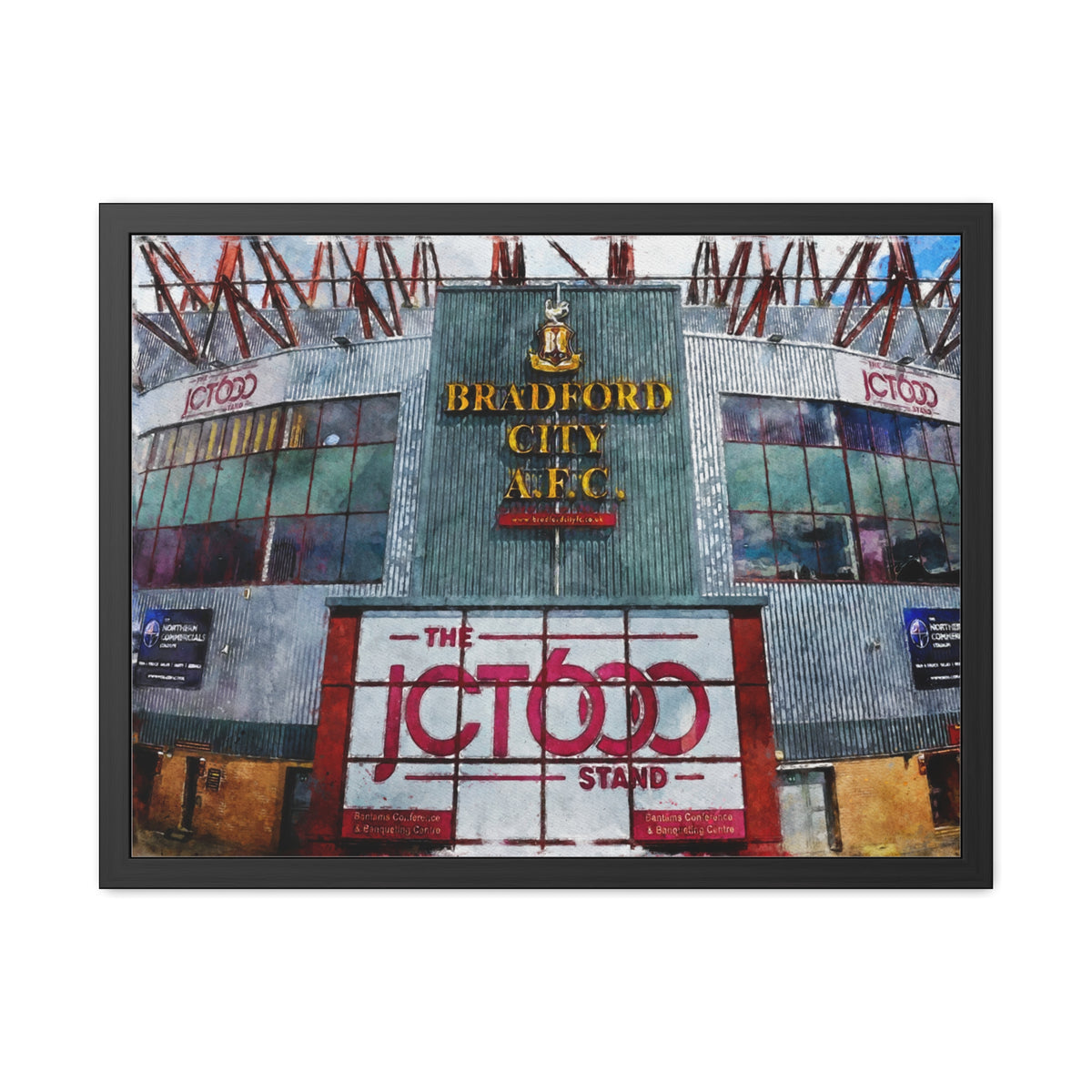 Bradford City Valley Parade Watercolour Fine Art Painting - Ready to Hang Framed Print Poster, Football Wall Art, Soccer Fan Gift