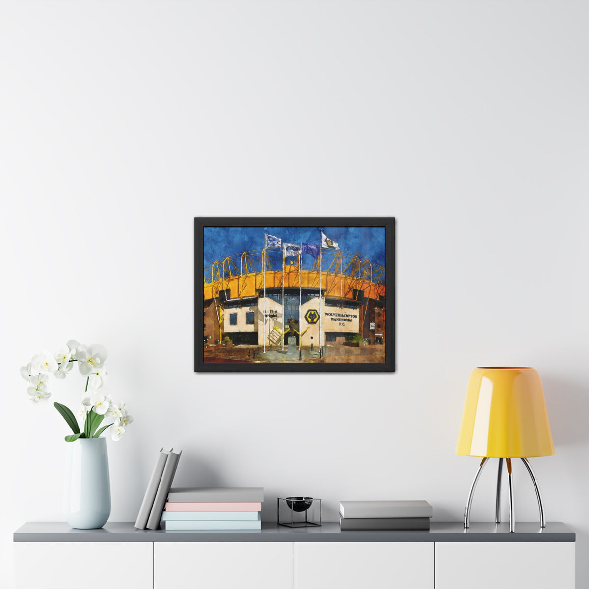 Wolverhampton’s Molineux Stadium - Expressionist Modern Art - Ready to Hang Framed Watercolour Fine Art Painting Print Poster, Football Wall Art, Soccer Fan Gift