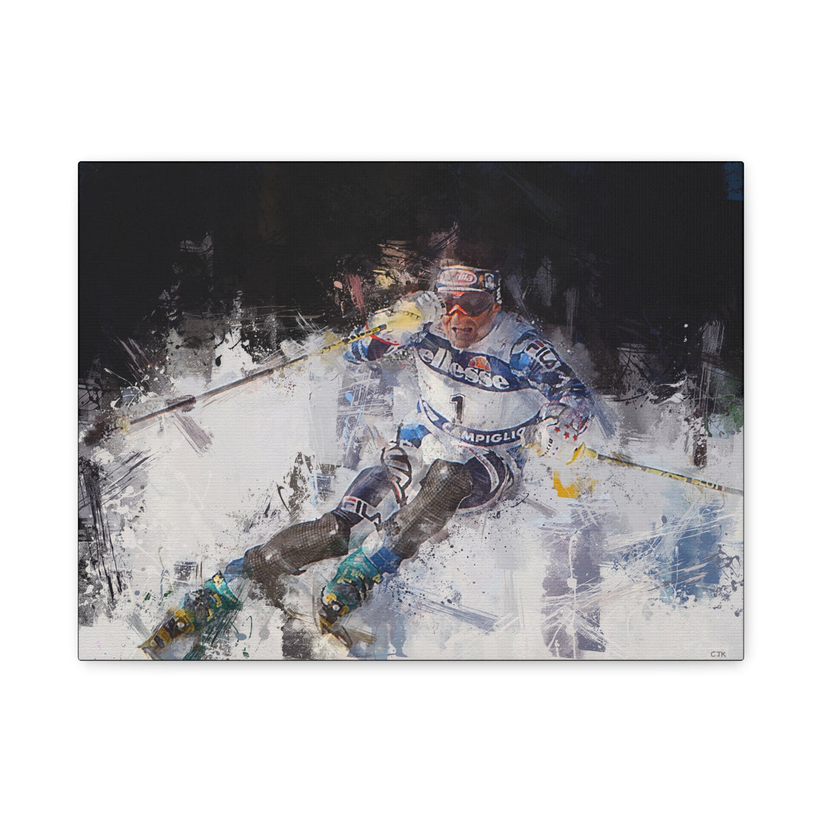 Alberto Tomba's Mastery Unleashed Skiing Painting Print on Stretched Canvas Skiing Fine Art Print Poster, Ready to Hang Wall Art, Skier Gift