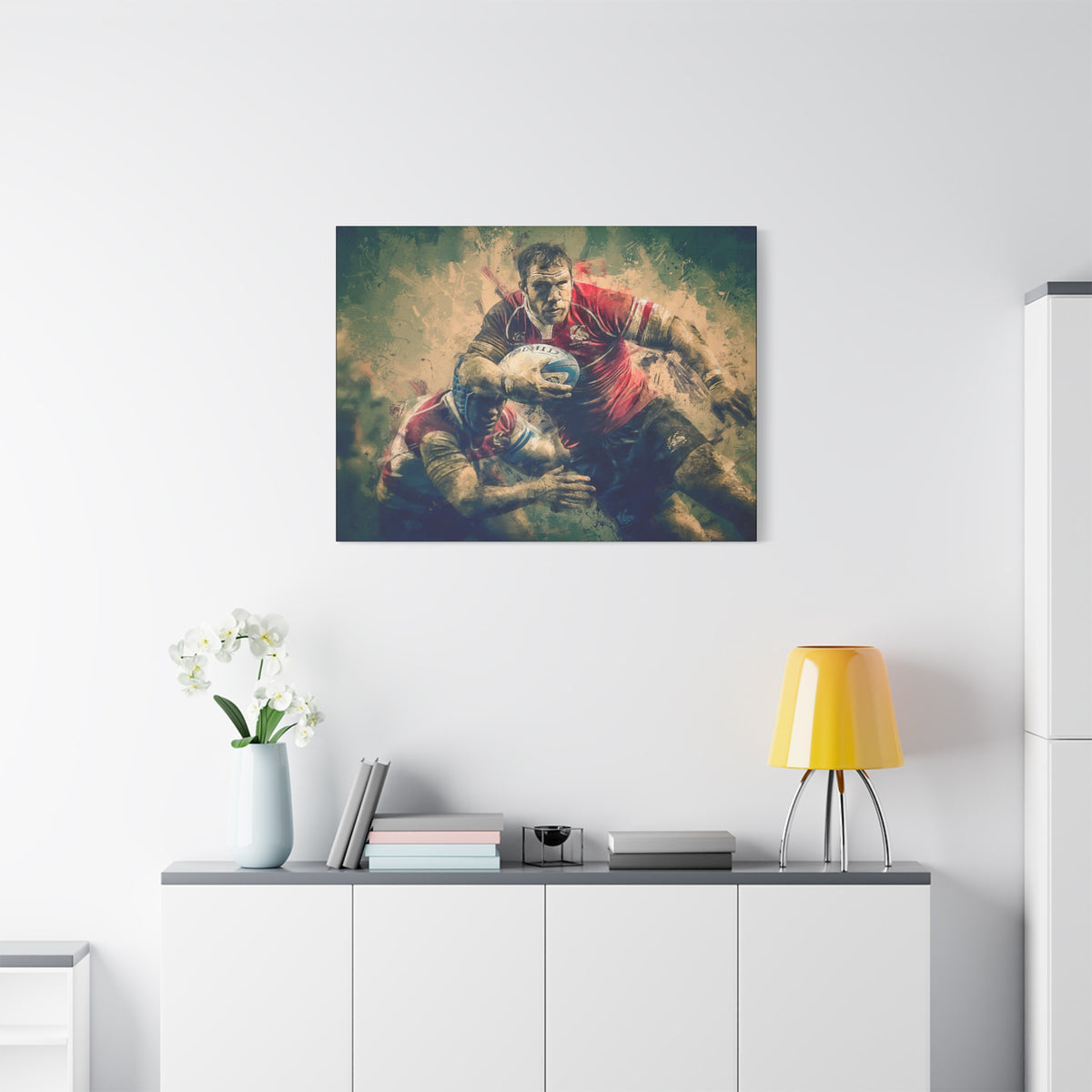 Dynamic Rugger Clash: Stretched Canvas Fine Art Print Poster - Ready to Hang Wall Art, Ideal Rugby Fan Gift