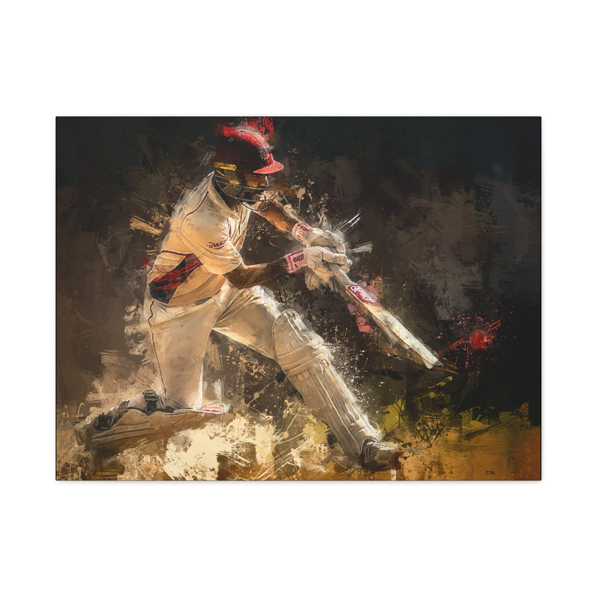 Impressionist Cricket Brilliance: Batsman's Dynamic Impact - Art Print Poster on Canvas - Ready to Hang
